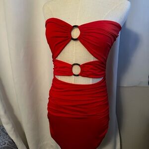 Red Strapless Dress with Ring Accents